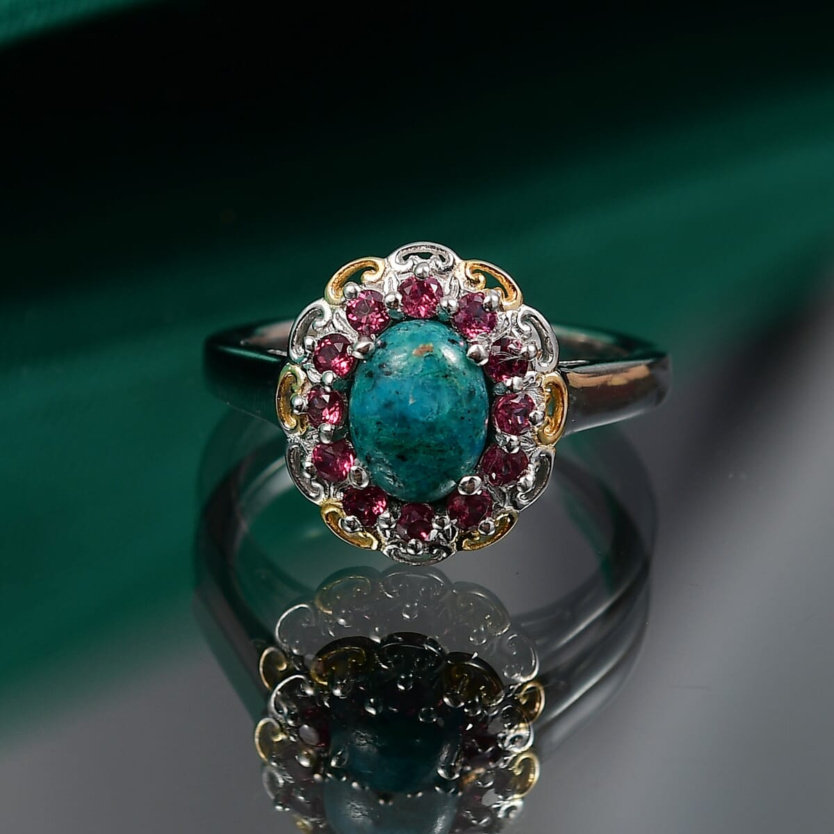 D'Joy Chrysocolla and Orissa Rose Garnet 1.80 ctw Floral Ring in 14K YG and Platinum Over Sterling Silver (Size 10.0) image number 1