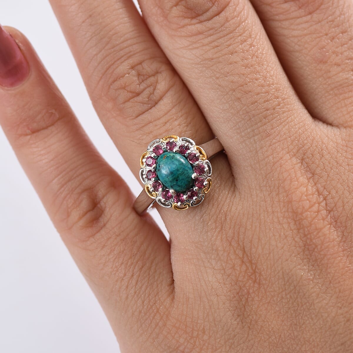 D'Joy Chrysocolla and Orissa Rose Garnet 1.80 ctw Floral Ring in 14K YG and Platinum Over Sterling Silver (Size 10.0) image number 2