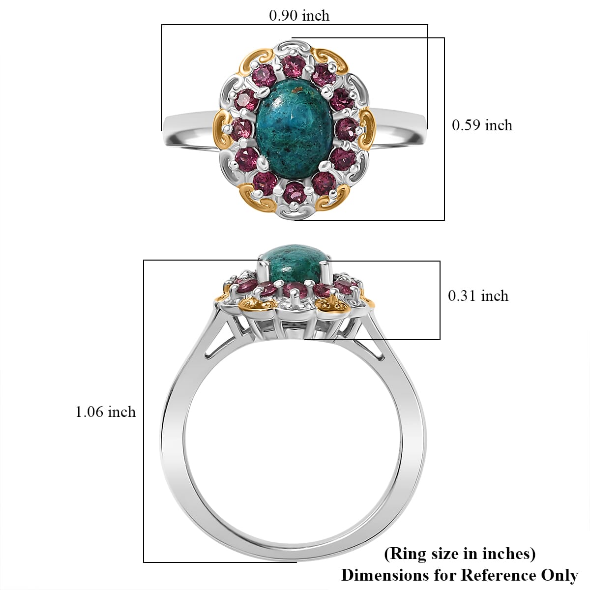 D'Joy Chrysocolla and Orissa Rose Garnet 1.80 ctw Floral Ring in 14K YG and Platinum Over Sterling Silver (Size 10.0) image number 5