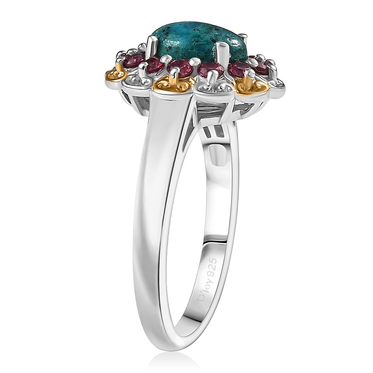 D'Joy Chrysocolla and Orissa Rose Garnet 1.80 ctw Floral Ring in 14K YG and Platinum Over Sterling Silver (Size 6.0) image number 3