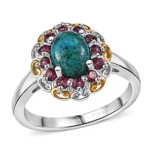 D'Joy Chrysocolla and Orissa Rose Garnet 1.80 ctw Floral Ring in 14K YG and Platinum Over Sterling Silver (Size 7.0)