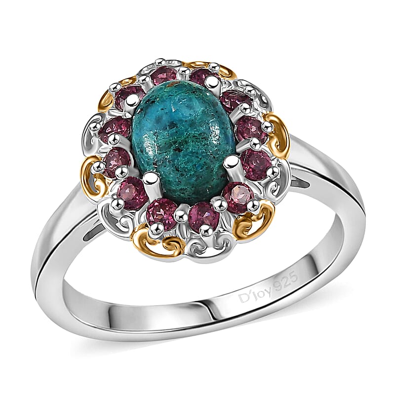 D'Joy Chrysocolla and Orissa Rose Garnet 1.80 ctw Floral Ring in 14K YG and Platinum Over Sterling Silver (Size 7.0)
