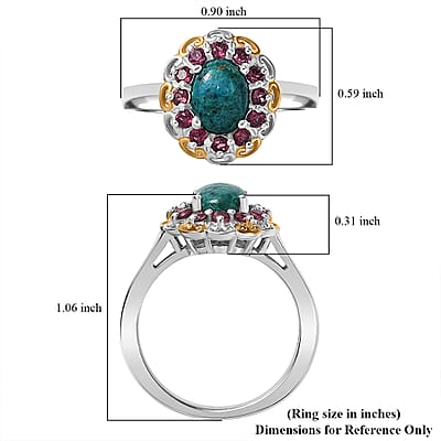 D'Joy Chrysocolla and Orissa Rose Garnet 1.80 ctw Floral Ring in 14K YG and Platinum Over Sterling Silver (Size 7.0)