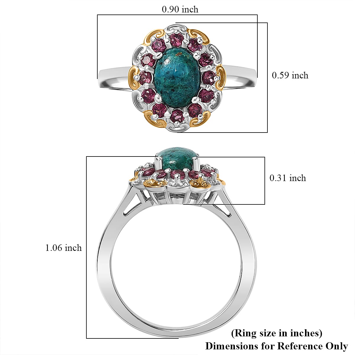 D'Joy Chrysocolla and Orissa Rose Garnet 1.80 ctw Floral Ring in 14K YG and Platinum Over Sterling Silver (Size 9.0) image number 5