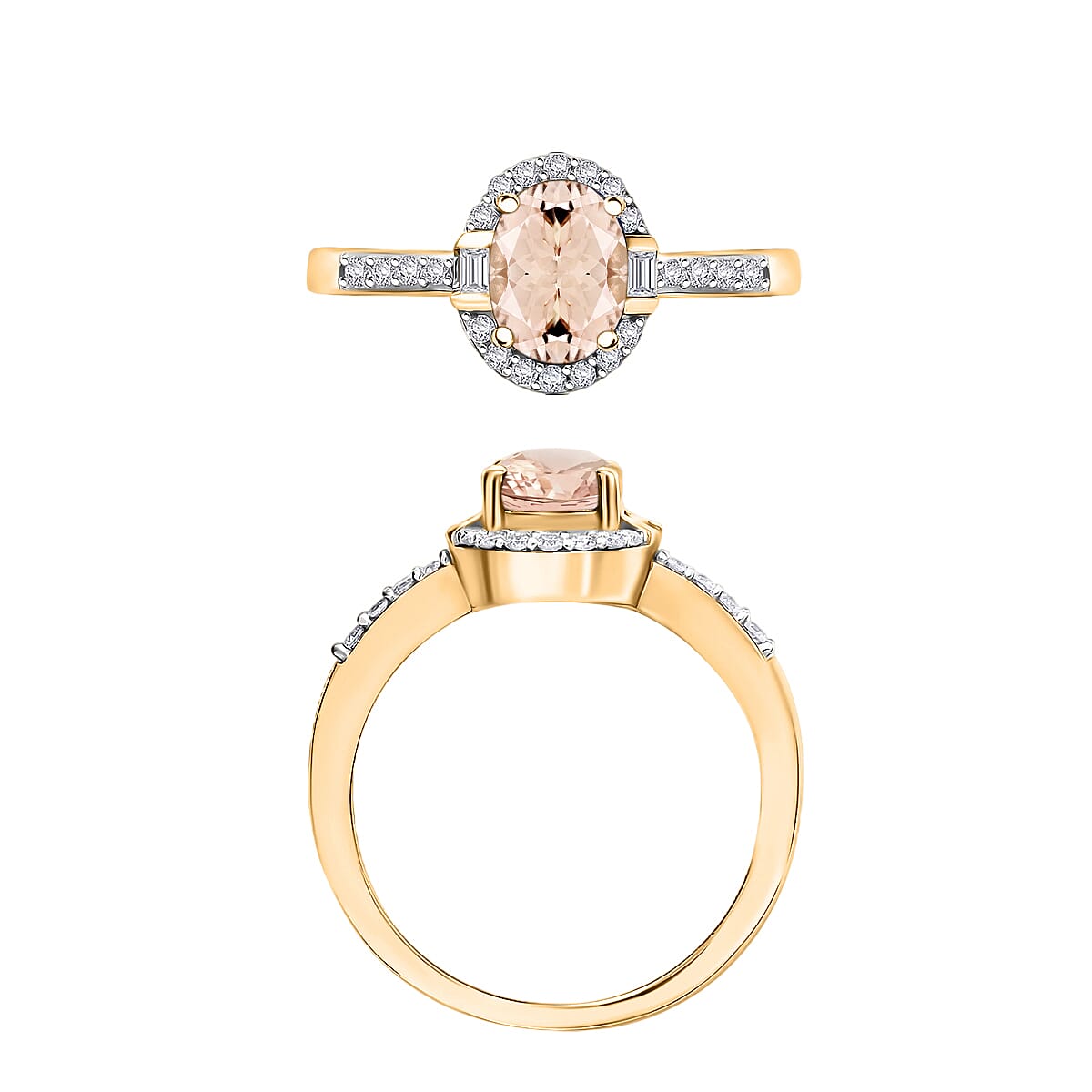 Marropino Morganite and Moissanite Ring in 18K Vermeil Yellow Gold Over Sterling Silver (Size 5.5) 1.80 ctw