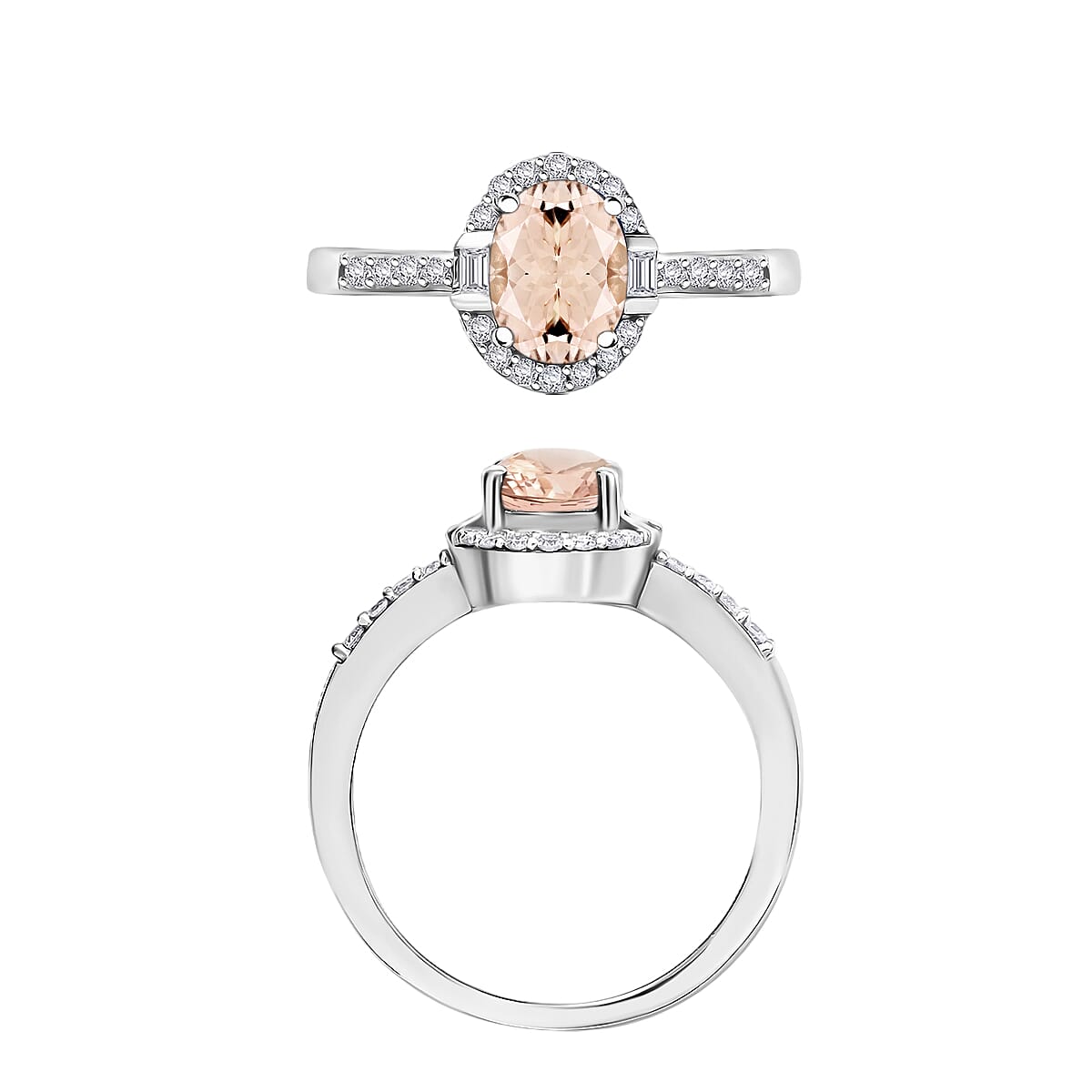 Marropino Morganite and Moissanite Ring in Rhodium Over Sterling Silver (Size 7.5) 1.80 ctw (Del. in 10-12 Days) image number 3