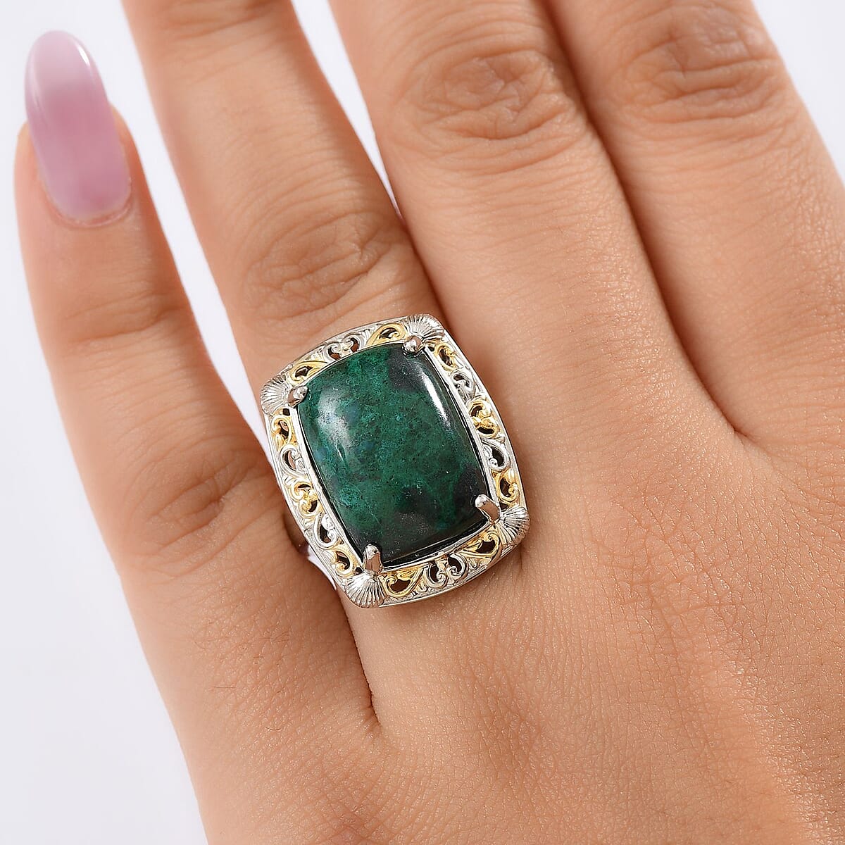 EverTrue Chrysocolla 16.75 ctw Sea Shell Ring 18K YG Plated and Platinum Bond (Size 9.0)  image number 2