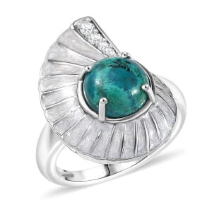 D'Joy Chrysocolla and White Zircon 3.25 ctw Sea Shell Ring in Platinum Over Sterling Silver (Size 10.0)