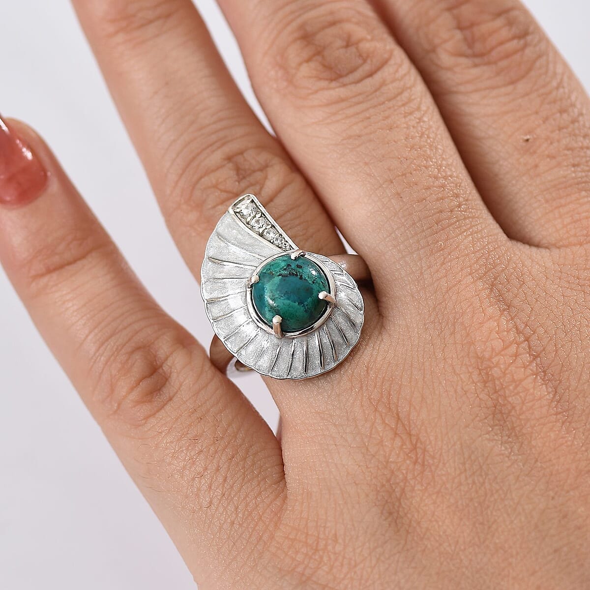 D'Joy Chrysocolla and White Zircon 3.25 ctw Sea Shell Ring in Platinum Over Sterling Silver (Size 10.0) image number 2