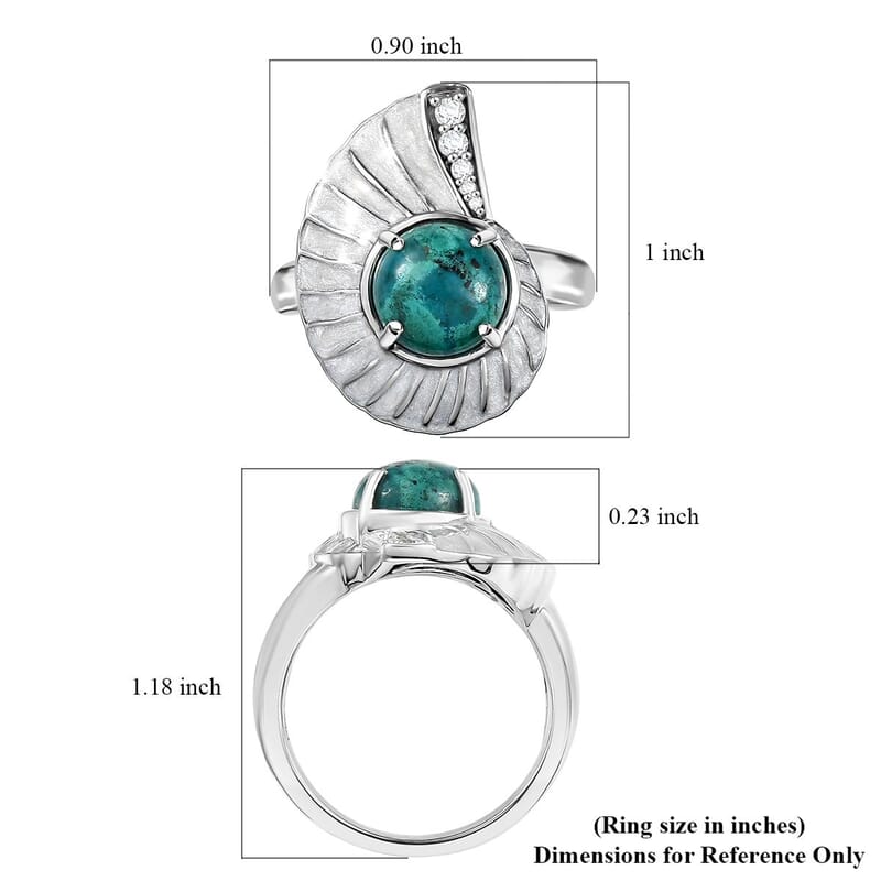 D'Joy Chrysocolla and White Zircon 3.25 ctw Sea Shell Ring in Platinum Over Sterling Silver (Size 10.0)