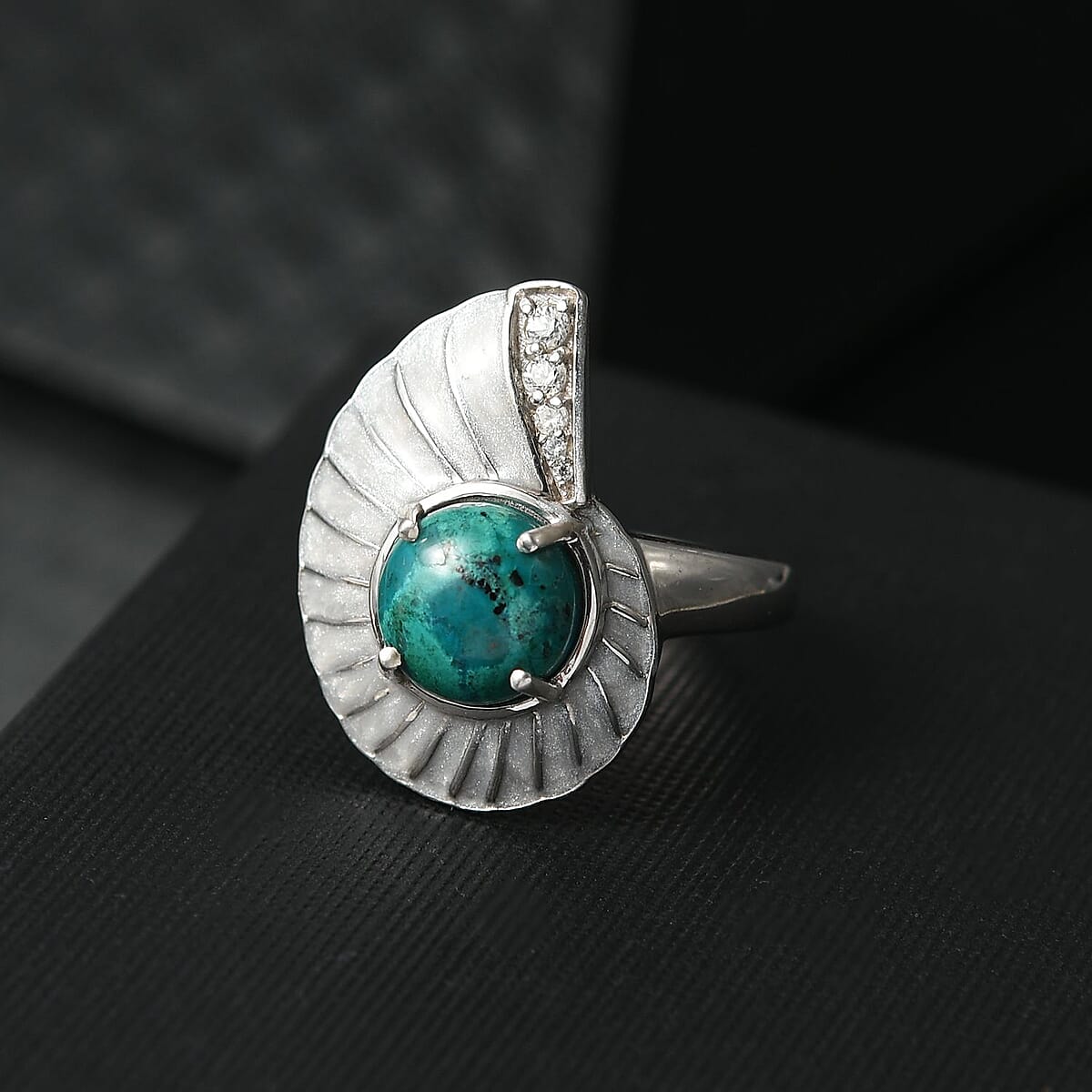 D'Joy Chrysocolla and White Zircon 3.25 ctw Sea Shell Ring in Platinum Over Sterling Silver (Size 6.0) image number 1