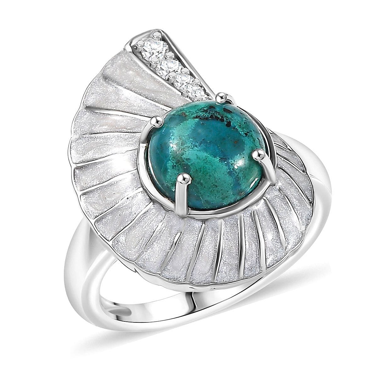 D'Joy Chrysocolla and White Zircon 3.25 ctw Sea Shell Ring in Platinum Over Sterling Silver (Size 7.0) image number 0