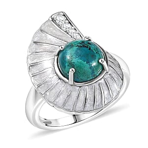 D'Joy Chrysocolla and White Zircon 3.25 ctw Sea Shell Ring in Platinum Over Sterling Silver (Size 7.0)