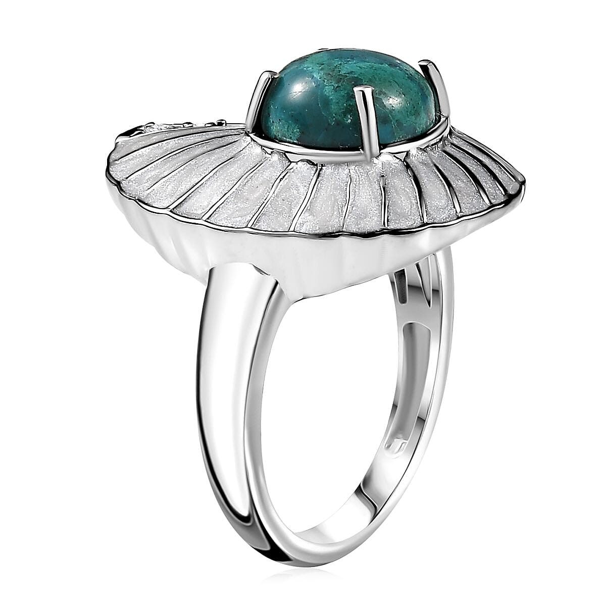 D'Joy Chrysocolla and White Zircon 3.25 ctw Sea Shell Ring in Platinum Over Sterling Silver (Size 7.0) image number 3