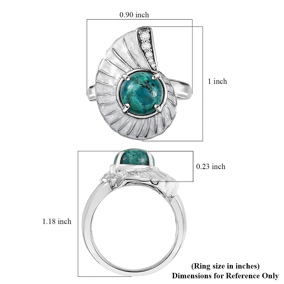 D'Joy Chrysocolla and White Zircon 3.25 ctw Sea Shell Ring in Platinum Over Sterling Silver (Size 8.0) image number 5