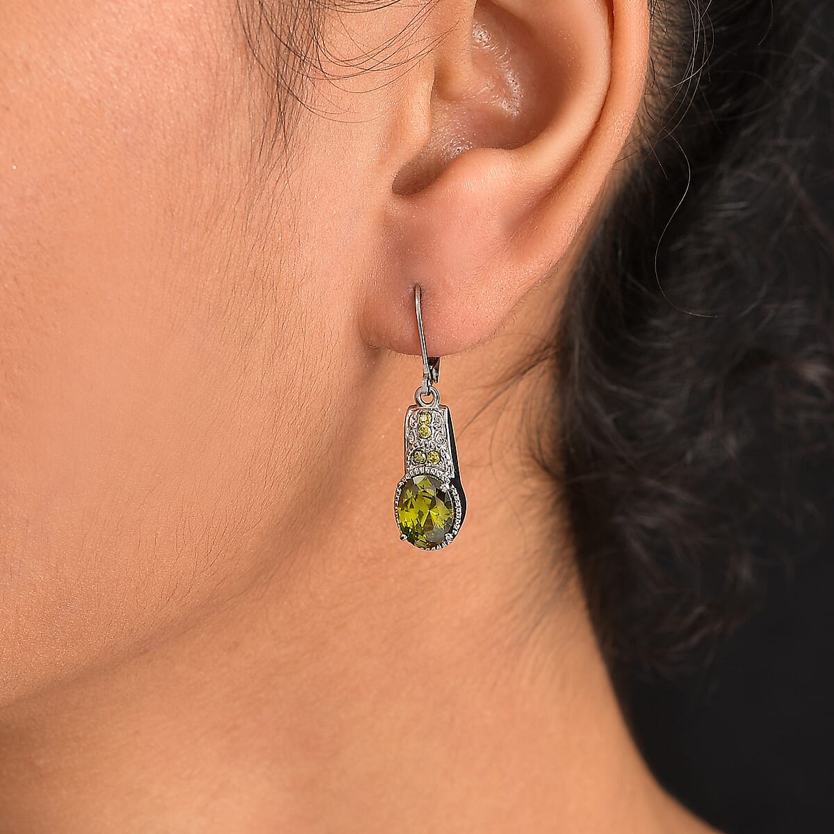 Simulated Green Diamond 6.50 ctw Lever Back Earrings in Stainless Steel image number 2