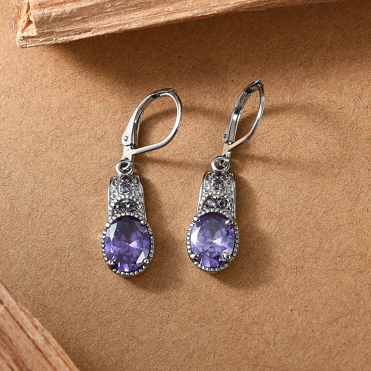 Simulated Tanzanite and Blue Color Diamond 6.00 ctw Lever Back Earrings in Stainless Steel image number 1