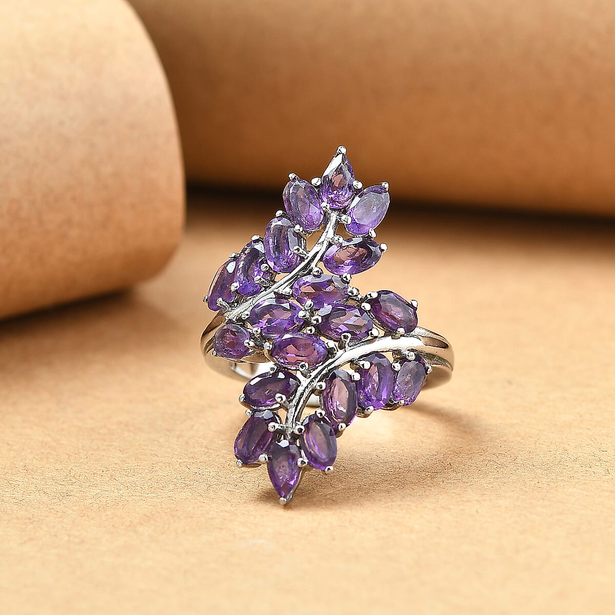 EverTrue African Amethyst 4.30 ctw Bypass Leaf Ring in Stainless Steel (Size 7.0)  image number 1