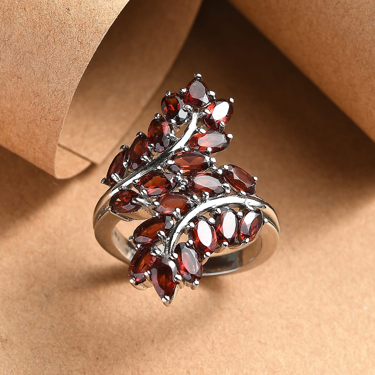 EverTrue Mozambique Garnet 5.60 ctw Bypass Leaf Ring in Stainless Steel (Size 10.0)  image number 1