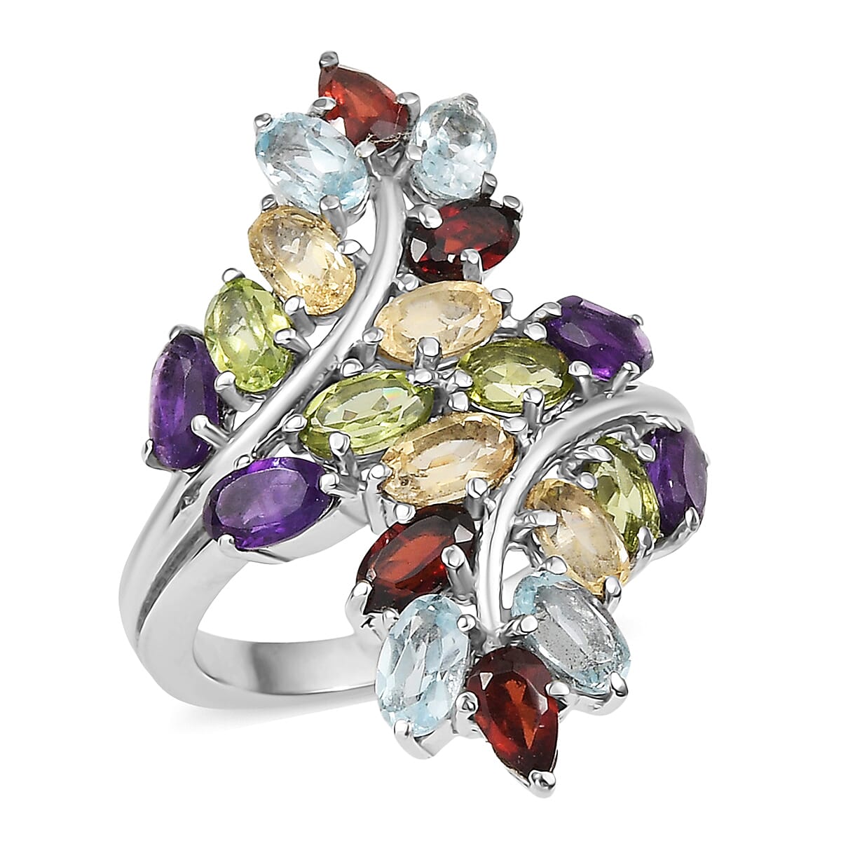 EverTrue Multi Gemstone 4.75 ctw Bypass Leaf Ring in Stainless Steel (Size 10.0) image number 0