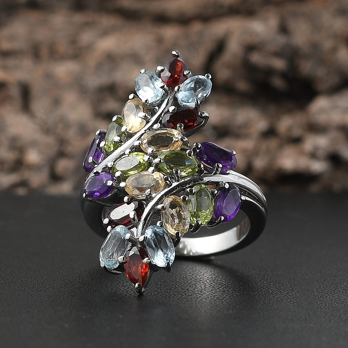 EverTrue Multi Gemstone 4.75 ctw Bypass Leaf Ring in Stainless Steel (Size 10.0) image number 1