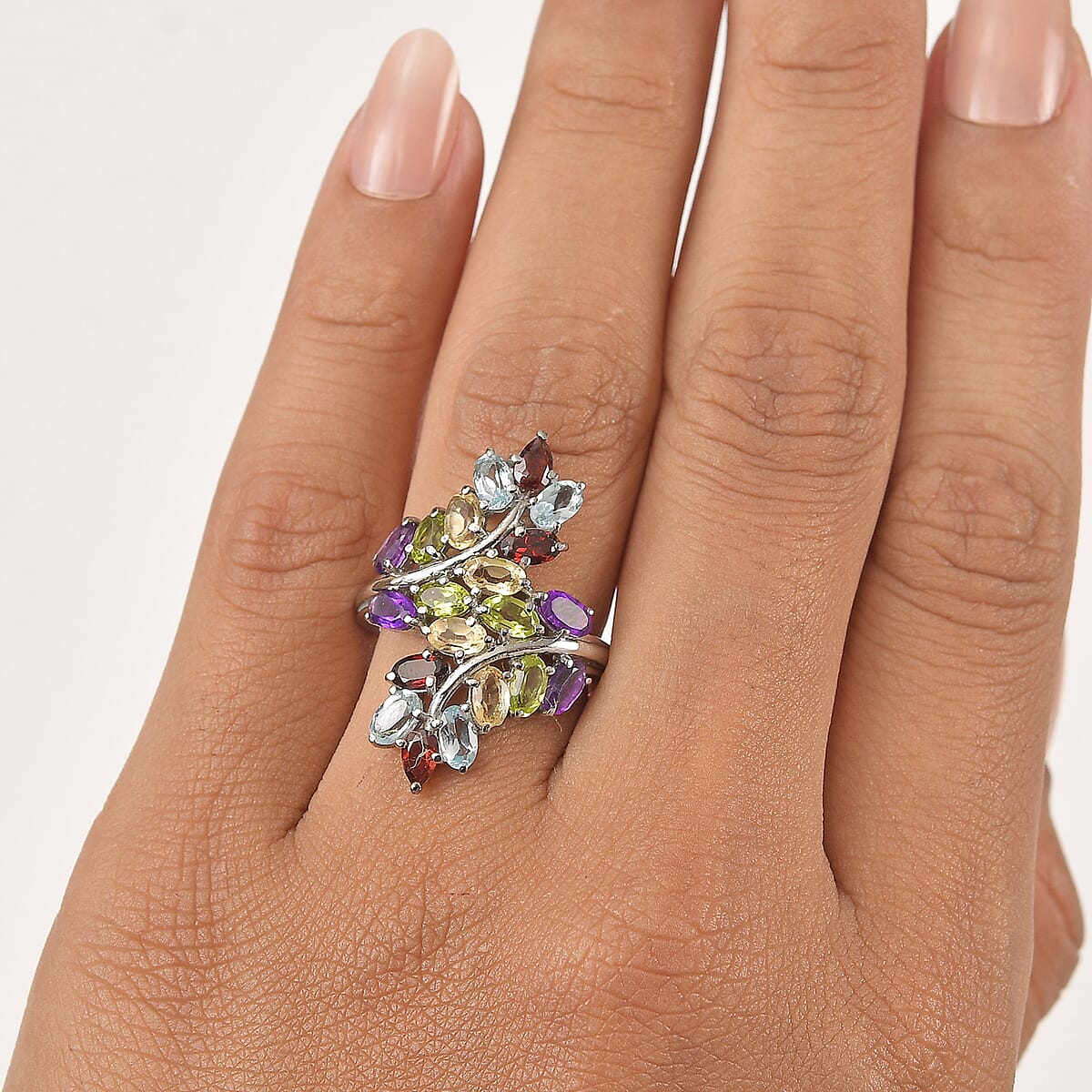 EverTrue Multi Gemstone 4.75 ctw Bypass Leaf Ring in Stainless Steel (Size 10.0) image number 2