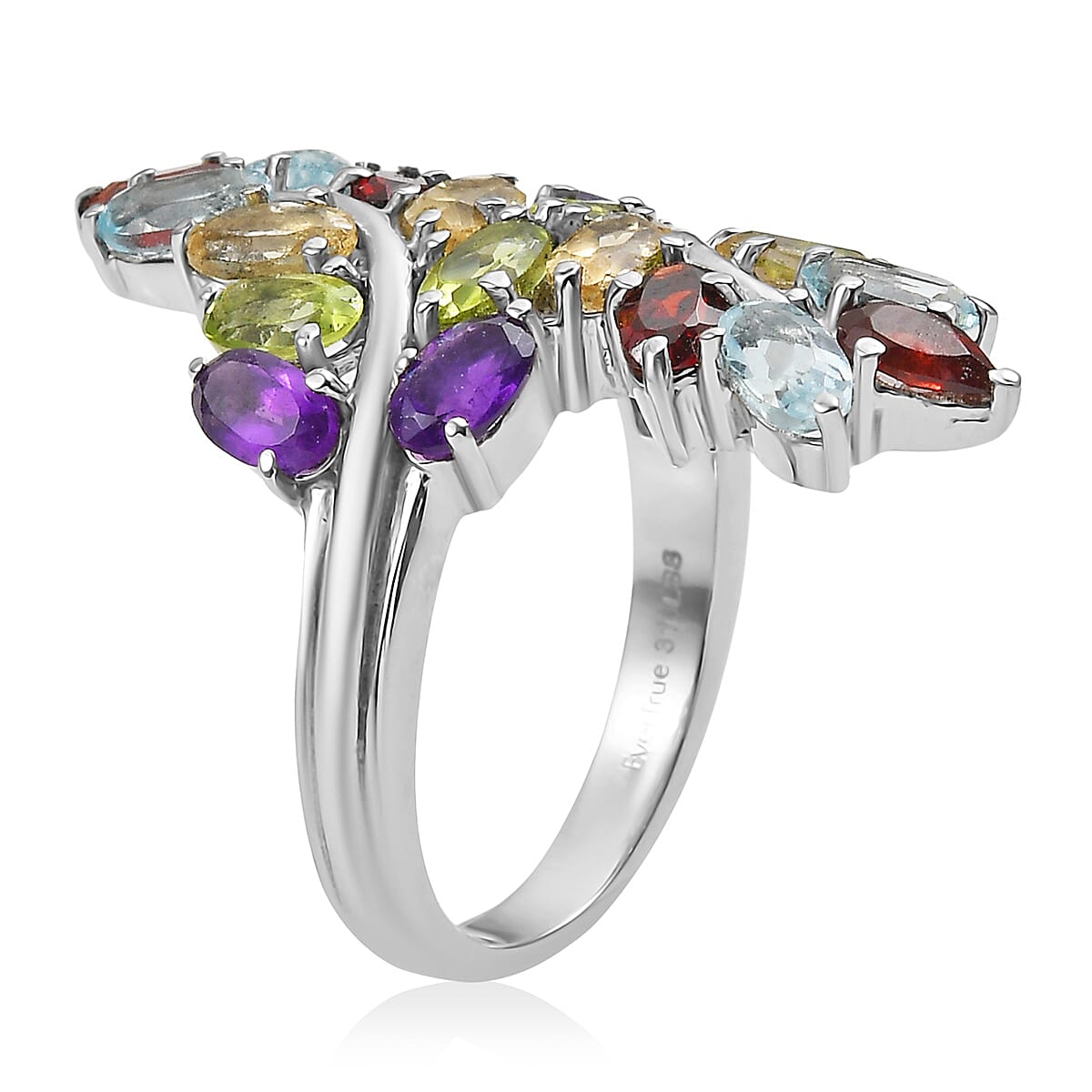 EverTrue Multi Gemstone 4.75 ctw Bypass Leaf Ring in Stainless Steel (Size 10.0) image number 3