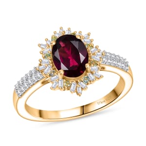D'Joy AAA Radiant Ember Garnet, Paraiba Tourmaline and Diamond 2.10 ctw Sunray Ring in 18K Vermeil Yellow Gold Over Sterling Silver (Size 10.0)