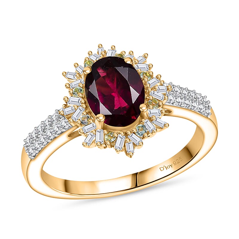 D'Joy AAA Radiant Ember Garnet, Paraiba Tourmaline and Diamond 2.10 ctw Sunray Ring in 18K Vermeil Yellow Gold Over Sterling Silver (Size 10.0)