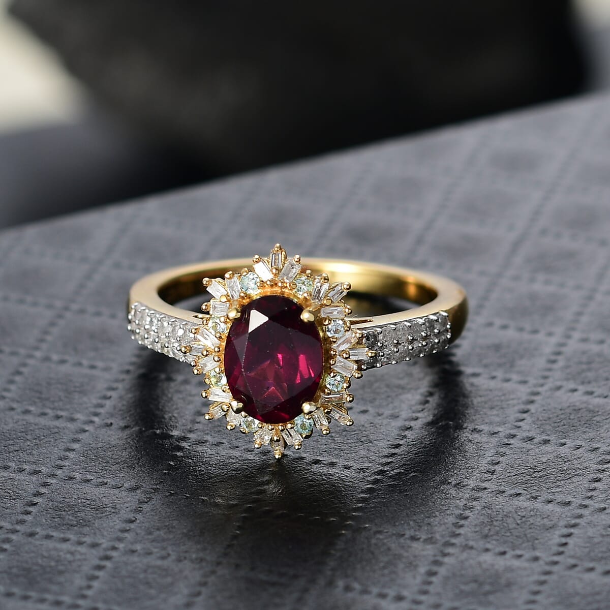 D'Joy AAA Radiant Ember Garnet, Paraiba Tourmaline and Diamond 2.10 ctw Sunray Ring in 18K Vermeil Yellow Gold Over Sterling Silver (Size 10.0) image number 1