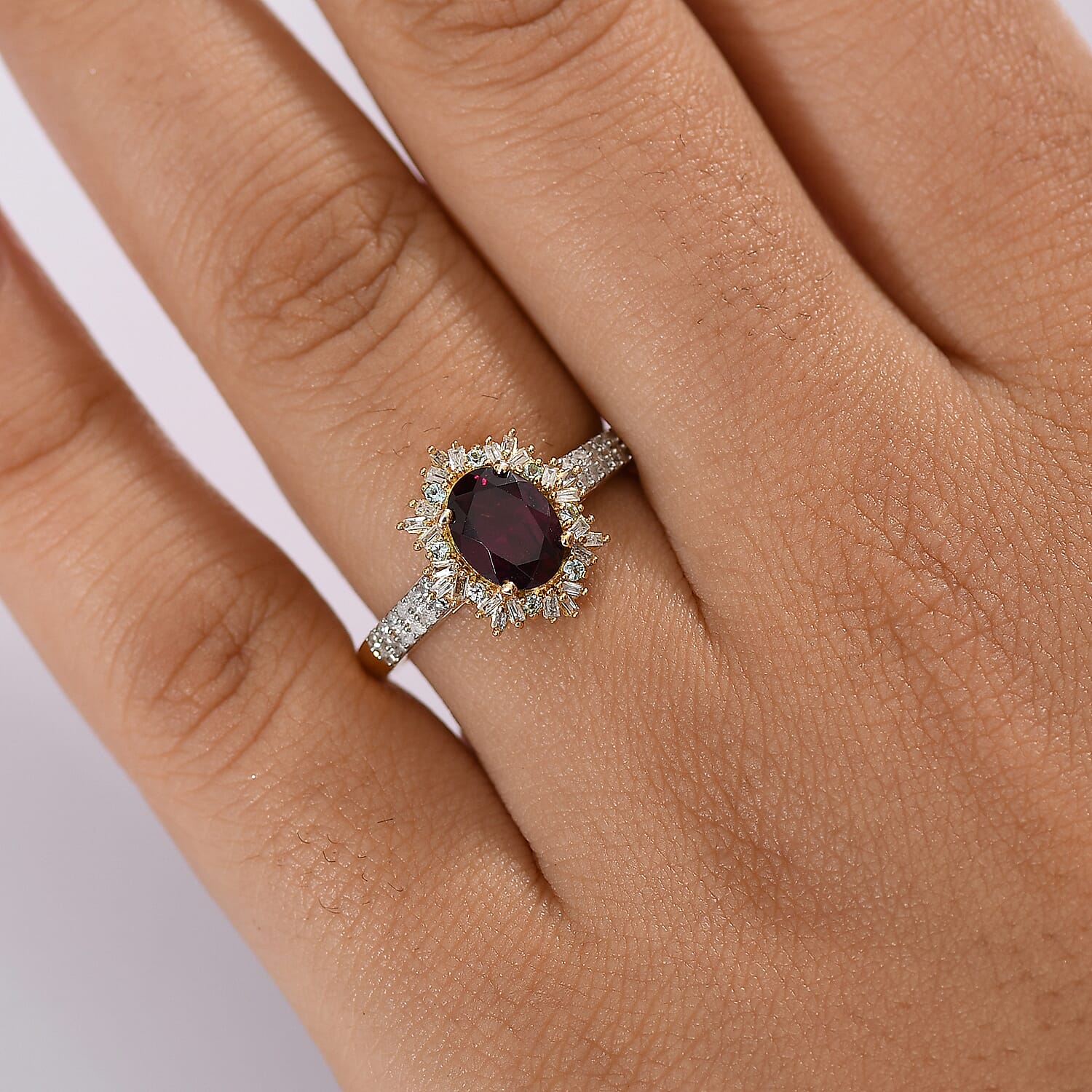 D'Joy AAA Radiant Ember Garnet, Paraiba Tourmaline and Diamond 2.10 ctw Sunray Ring in 18K Vermeil Yellow Gold Over Sterling Silver (Size 10.0)