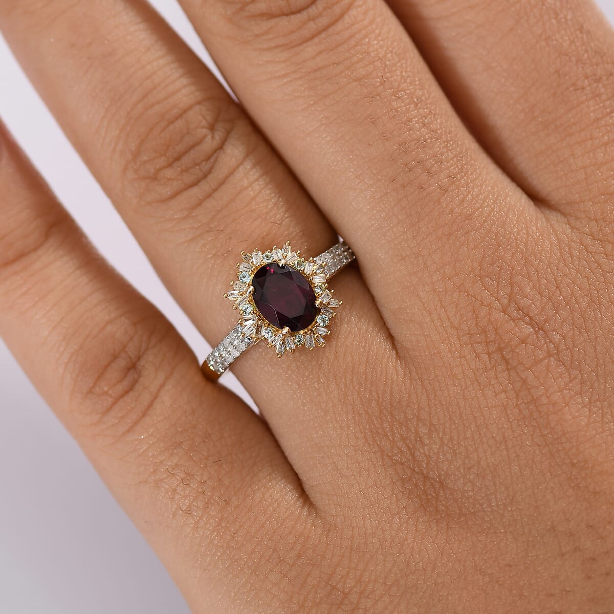 D'Joy AAA Radiant Ember Garnet, Paraiba Tourmaline and Diamond 2.10 ctw Sunray Ring in 18K Vermeil Yellow Gold Over Sterling Silver (Size 10.0) image number 2