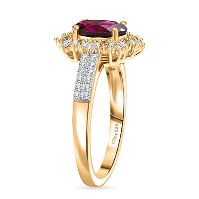 D'Joy AAA Radiant Ember Garnet, Paraiba Tourmaline and Diamond 2.10 ctw Sunray Ring in 18K Vermeil Yellow Gold Over Sterling Silver (Size 10.0)