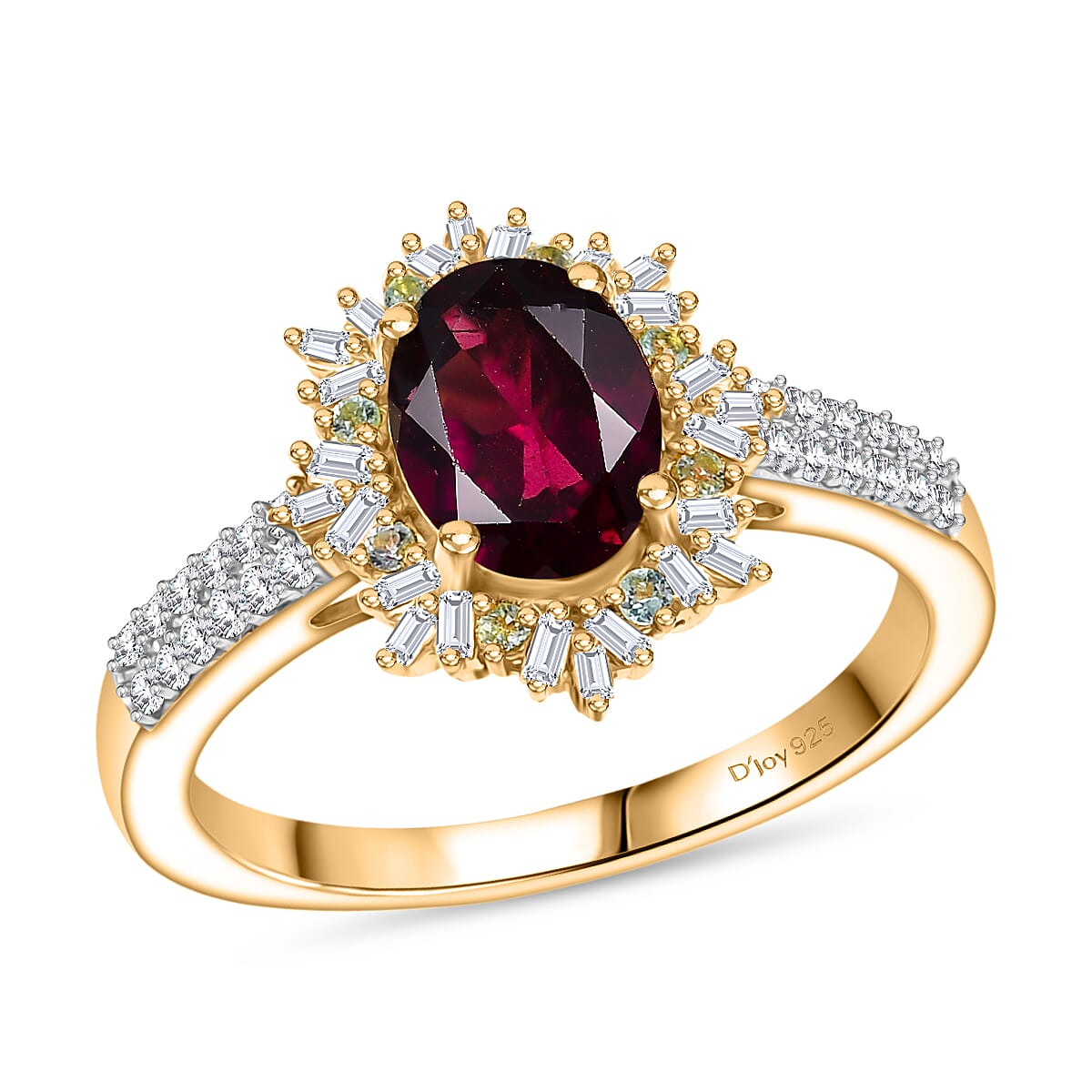 D'Joy AAA Radiant Ember Garnet, Paraiba Tourmaline and Diamond 1.80 ctw Sunray Ring in 18K Vermeil Yellow Gold Over Sterling Silver (Size 7.0) image number 0