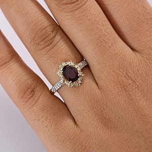 D'Joy AAA Radiant Ember Garnet, Paraiba Tourmaline and Diamond 1.80 ctw Sunray Ring in 18K Vermeil Yellow Gold Over Sterling Silver (Size 7.0)