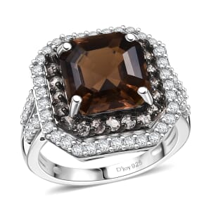 D'Joy Asscher Cut Columbianite and Multi Gemstone 5.70 ctw Ring in Rhodium Over Sterling Silver (Size 10.0)