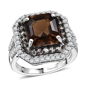 D'Joy Asscher Cut Columbianite and Multi Gemstone 5.70 ctw Art Deco Ring in Rhodium Over Sterling Silver (Size 6.0)