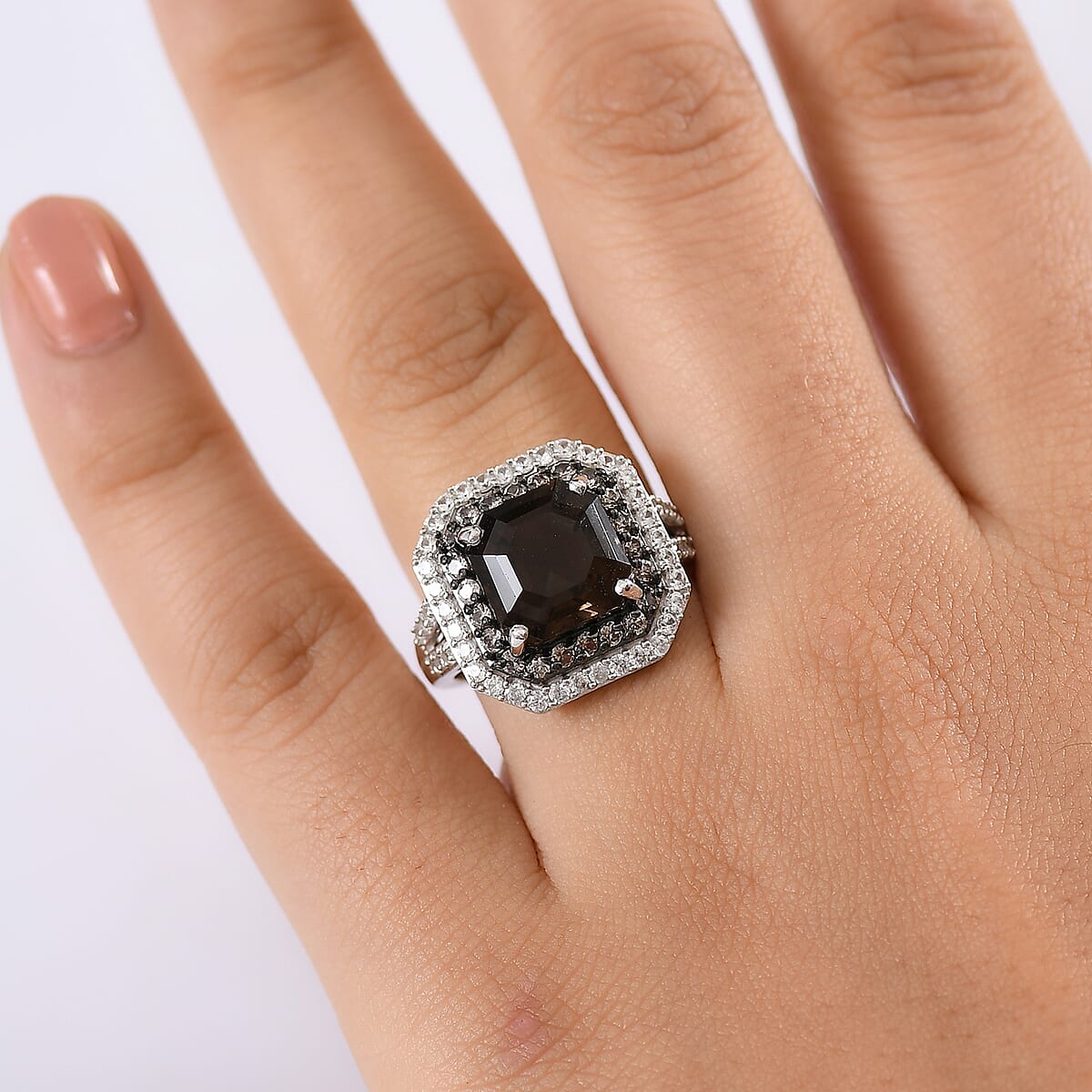 D'Joy Asscher Cut Columbianite and Multi Gemstone 5.70 ctw Art Deco Ring in Rhodium Over Sterling Silver (Size 8.0) image number 2