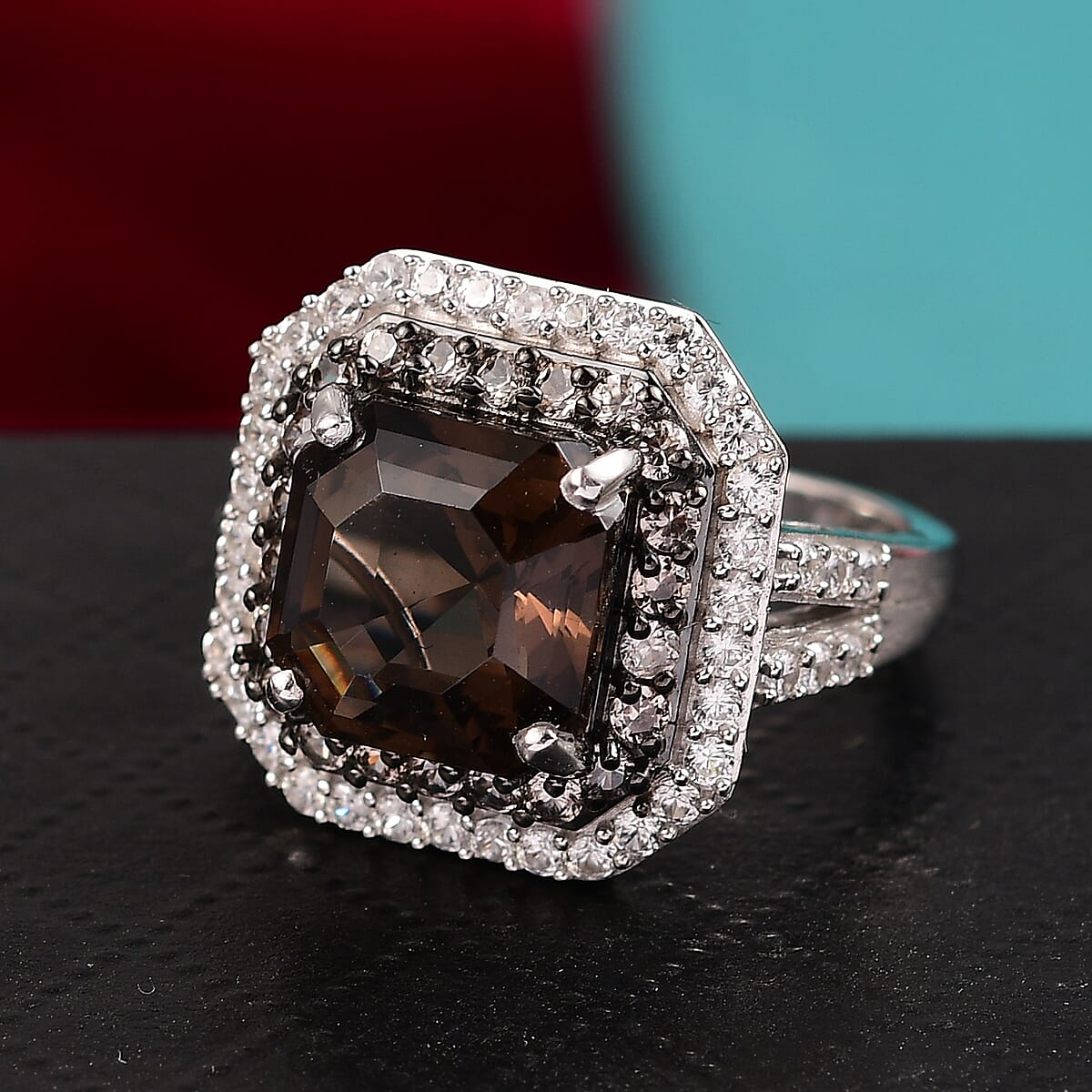 D'Joy Asscher Cut Columbianite and Multi Gemstone 5.70 ctw Art Deco Ring in Rhodium Over Sterling Silver (Size 9.0) image number 1