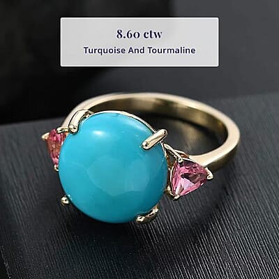 Luxoro 10K Yellow Gold Premium Sleeping Beauty Turquoise, Morro Redondo Pink Tourmaline Ring (Size 12.0) 8.60 ctw
