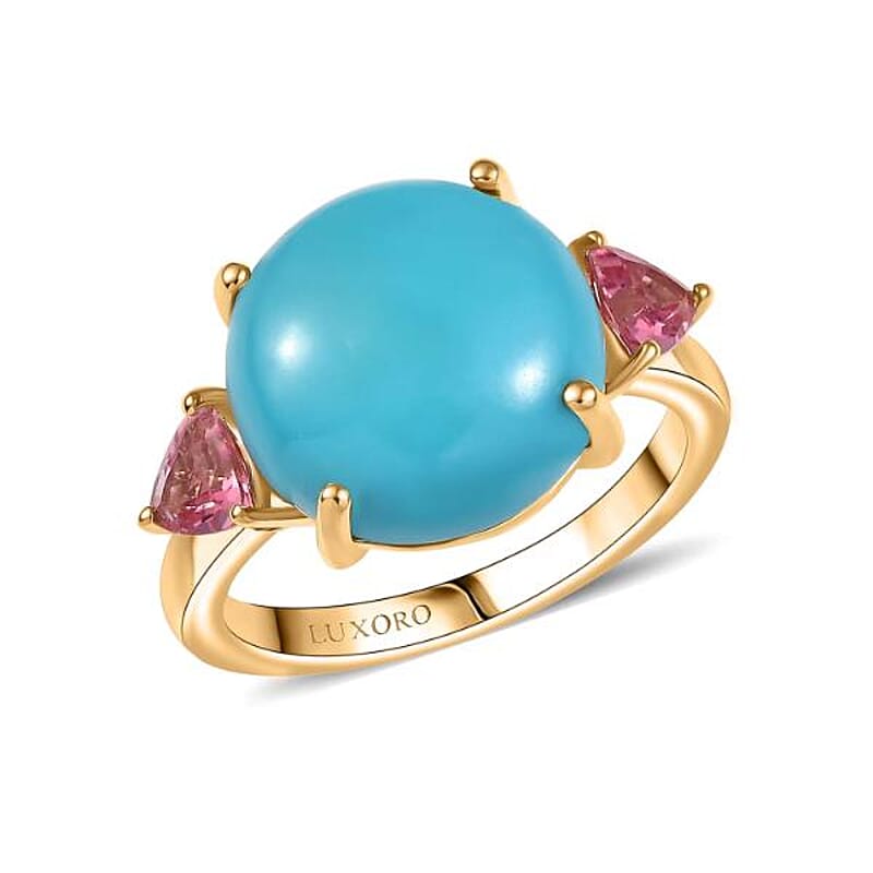 Luxoro 10K Yellow Gold Premium Sleeping Beauty Turquoise, Morro Redondo Pink Tourmaline Ring (Size 5.0) 8.60 ctw