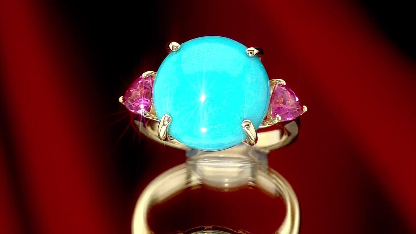 Luxoro Premium Sleeping Beauty Turquoise and Morro Redondo Pink Tourmaline 8.60 ctw Ring in 10K Yellow Gold