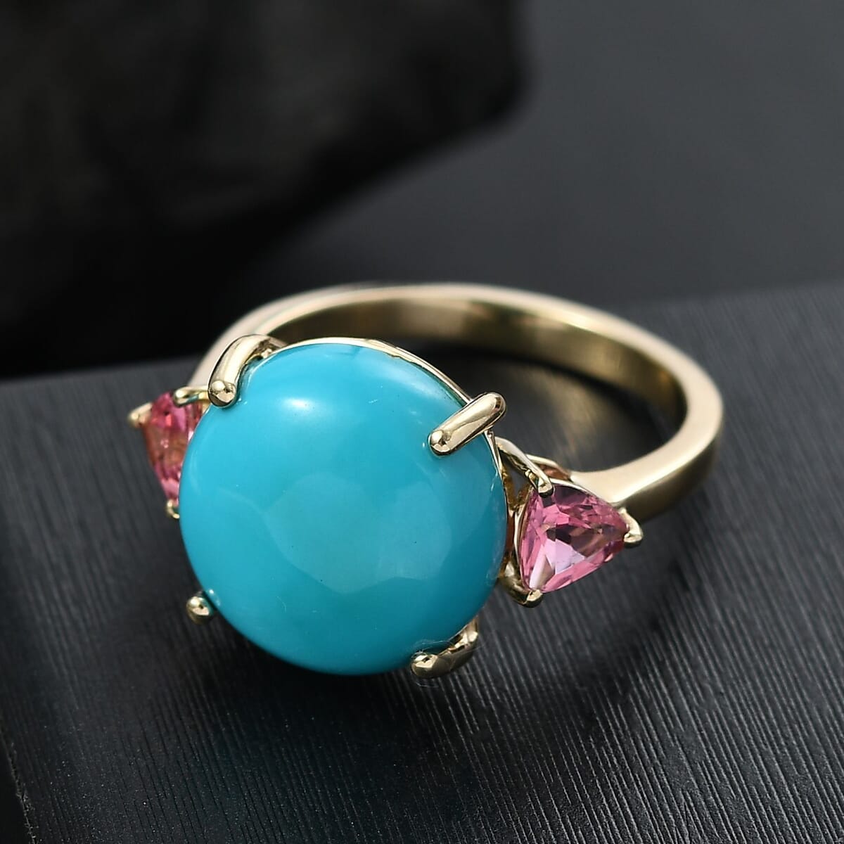Luxoro Premium Sleeping Beauty Turquoise and Morro Redondo Pink Tourmaline 8.60 ctw Sunset Reverie Ring in 10K Yellow Gold (Size 7.0) image number 1