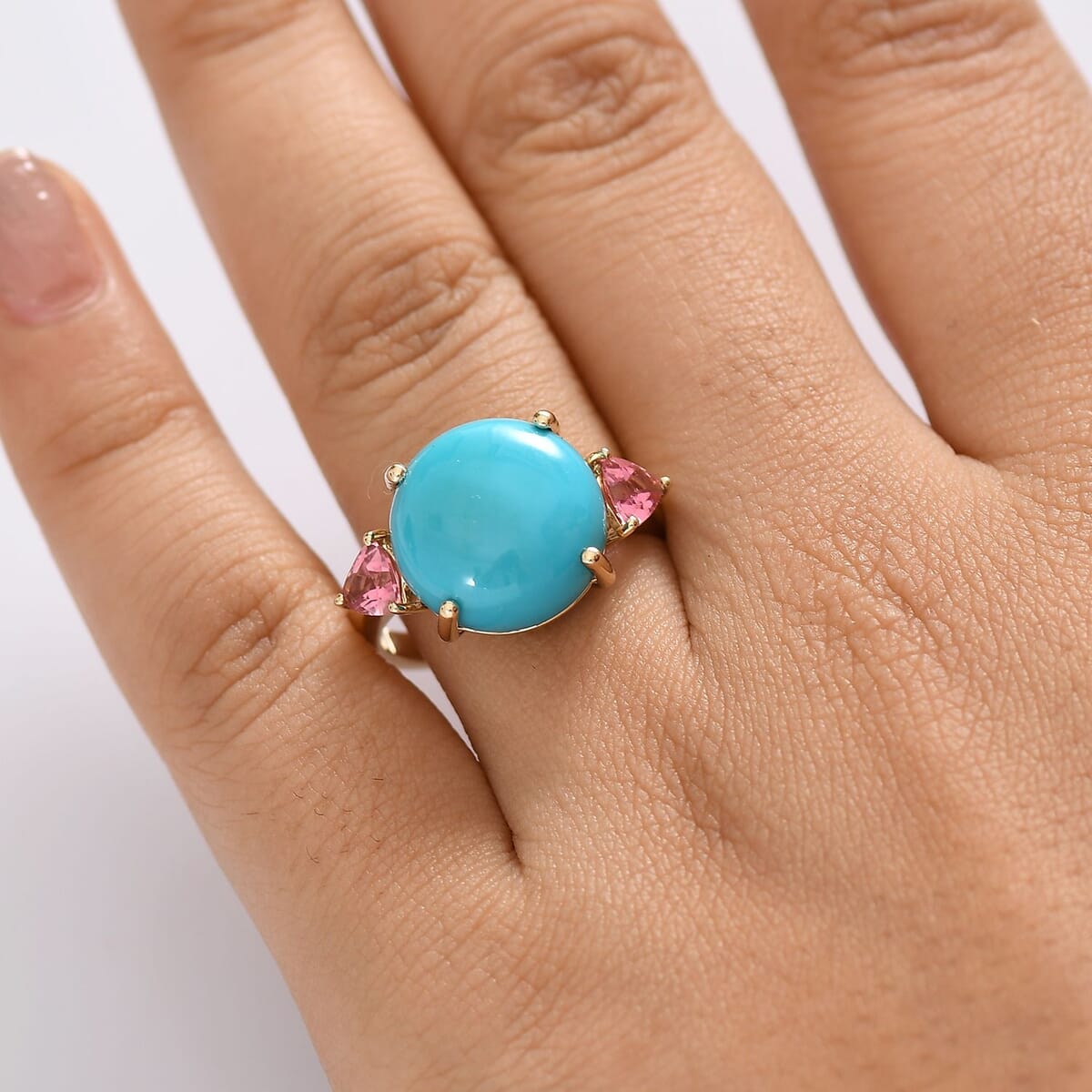 Luxoro Premium Sleeping Beauty Turquoise and Morro Redondo Pink Tourmaline 8.60 ctw Sunset Reverie Ring in 10K Yellow Gold (Size 7.0) image number 2