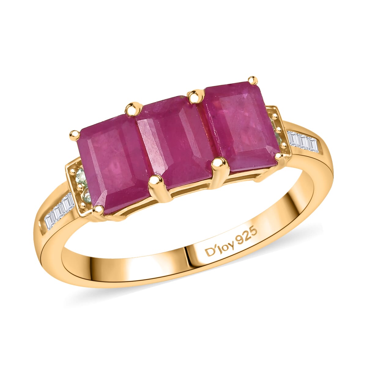 D'Joy AAA Royal Ruby, Paraiba Tourmaline and Diamond 2.40 ctw Trilogy Ring in 18K Vermeil Yellow Gold Over Sterling Silver (Size 10.0) image number 0