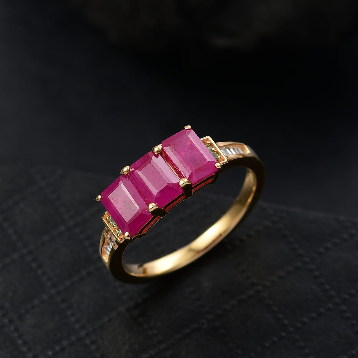D'Joy AAA Royal Ruby, Paraiba Tourmaline and Diamond 2.40 ctw Trilogy Ring in 18K Vermeil Yellow Gold Over Sterling Silver (Size 10.0) image number 1