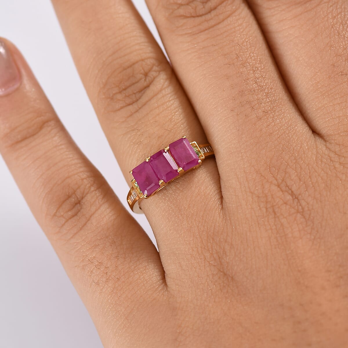 D'Joy AAA Royal Ruby, Paraiba Tourmaline and Diamond 2.40 ctw Trilogy Ring in 18K Vermeil Yellow Gold Over Sterling Silver (Size 10.0) image number 2