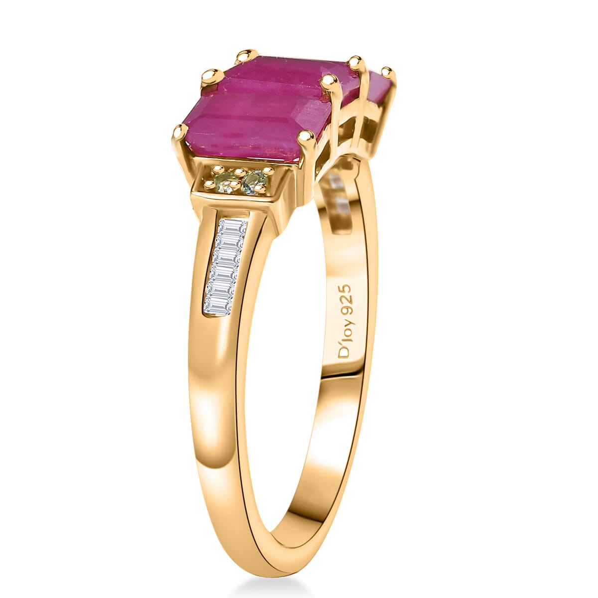 D'Joy AAA Royal Ruby, Paraiba Tourmaline and Diamond 2.40 ctw Trilogy Ring in 18K Vermeil Yellow Gold Over Sterling Silver (Size 10.0) image number 3