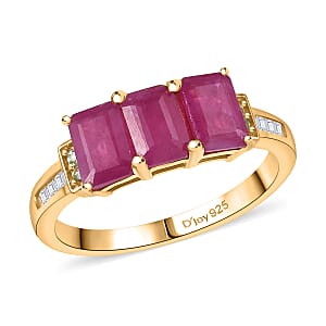 D'Joy AAA Royal Ruby, Paraiba Tourmaline and Diamond 2.40 ctw Trilogy Ring in 18K Vermeil Yellow Gold Over Sterling Silver (Size 6.0)