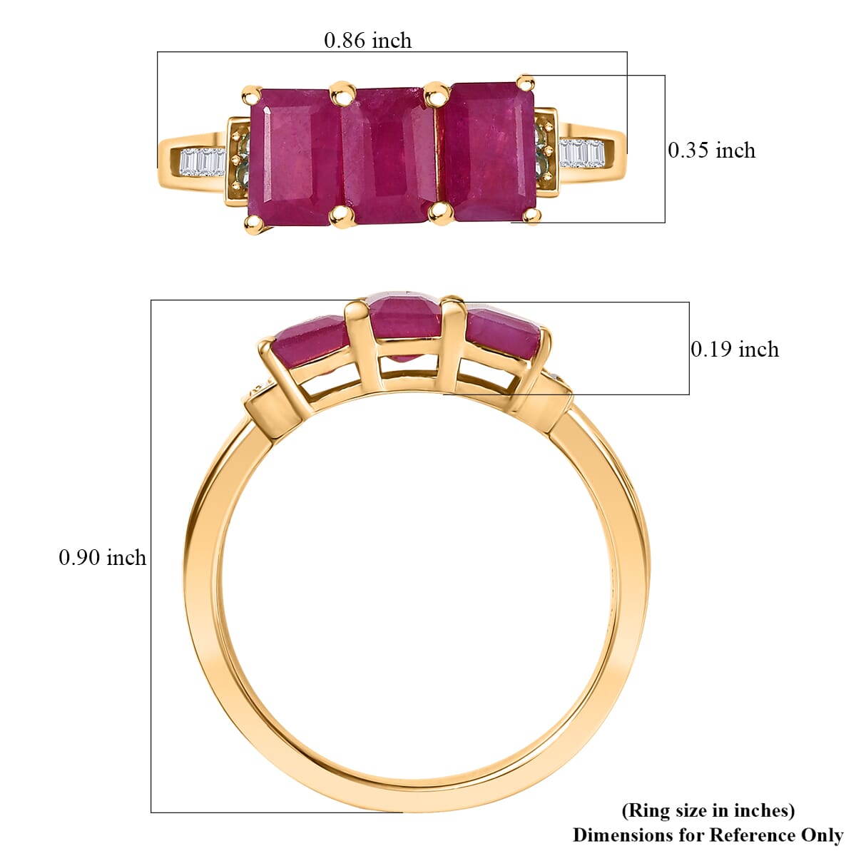 D'Joy AAA Royal Ruby, Paraiba Tourmaline and Diamond 2.40 ctw Trilogy Ring in 18K Vermeil Yellow Gold Over Sterling Silver (Size 8.0) image number 5